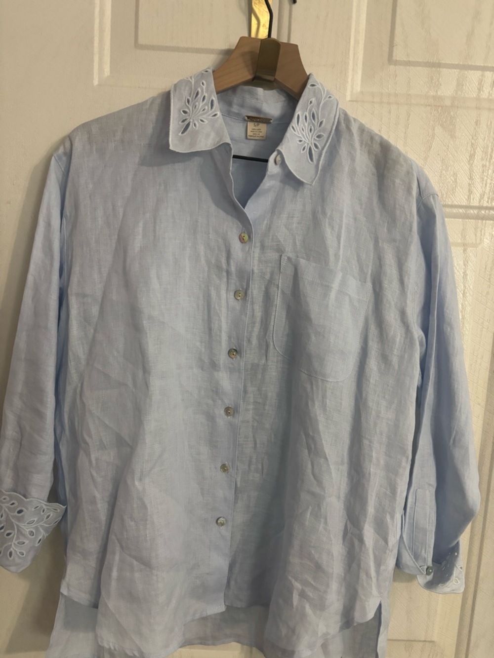 Magaschoni Light Blue Linen Button-Down Shirt with Eyelet Collar
